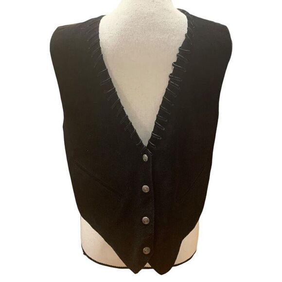 AJ Vintage Vest Leather Whipstitch Lined Silver Buttons Pockets Black Medium Men - Picture 1 of 7
